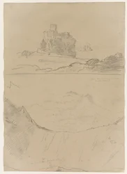 Kasteel van Trezza nabij Catania en Etna, gezien vanaf Monte Rosso en ook vanaf een van de kraters van Monte Rosso, Sicilië, 1842